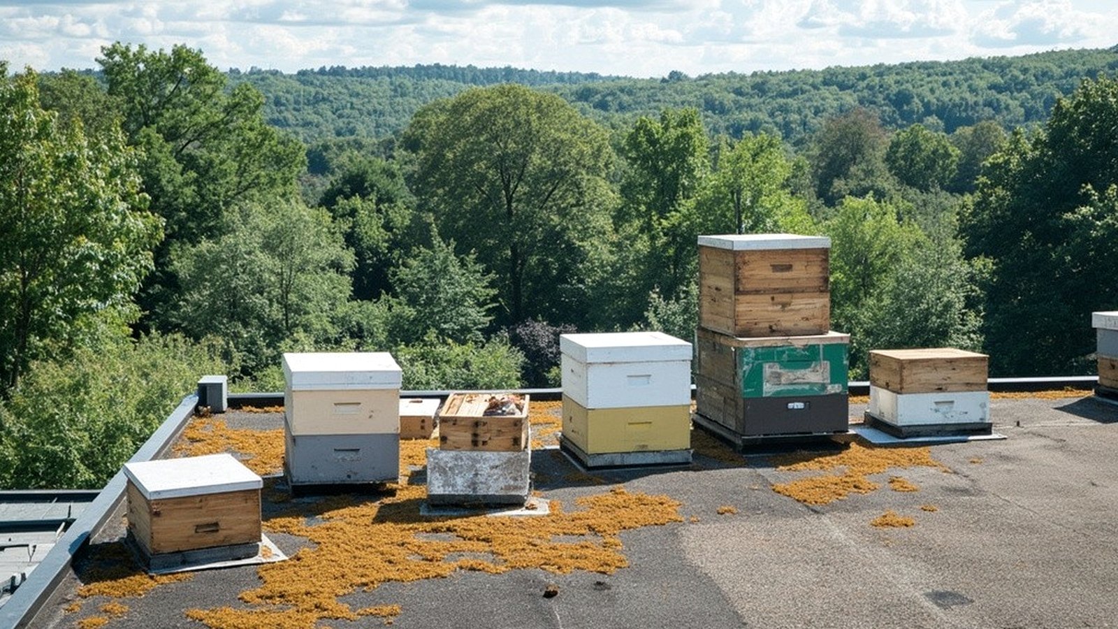 Concept image of managed beehives in front of a corporate office building