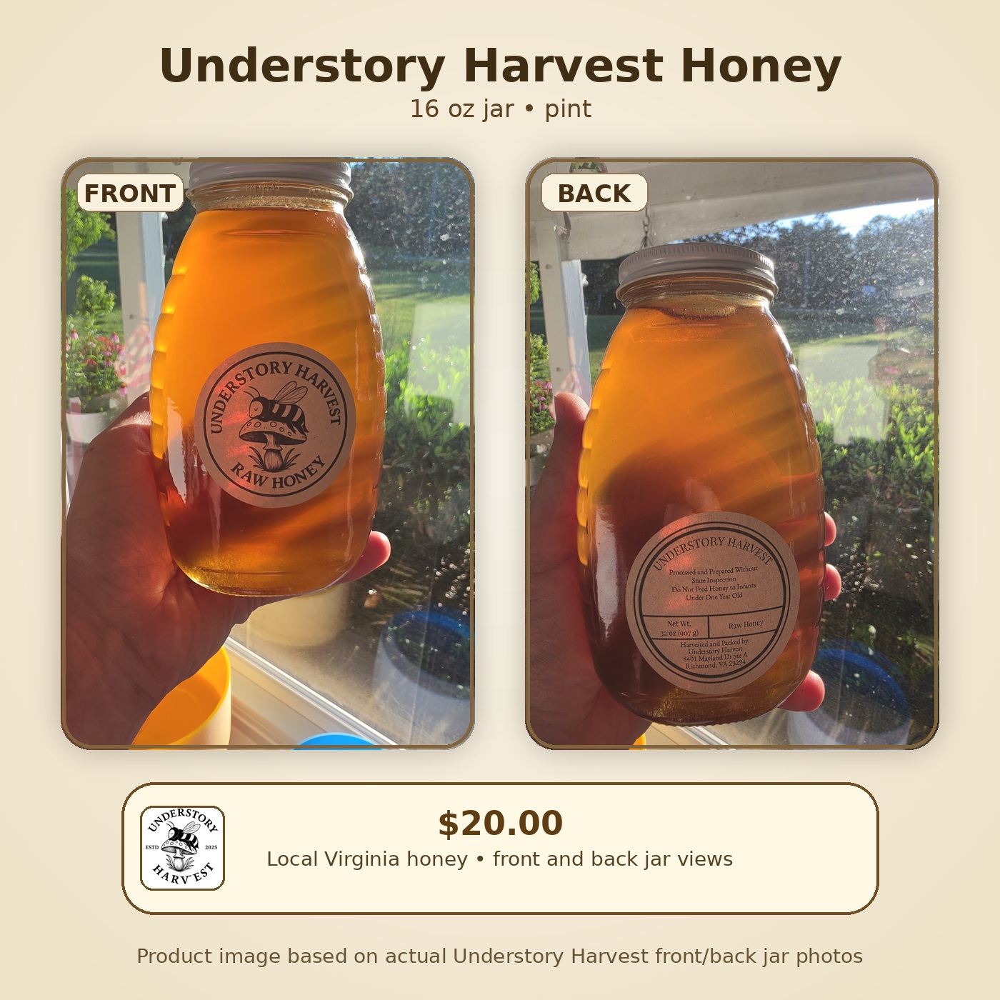 Front and back views of an Understory Harvest local Virginia honey jar