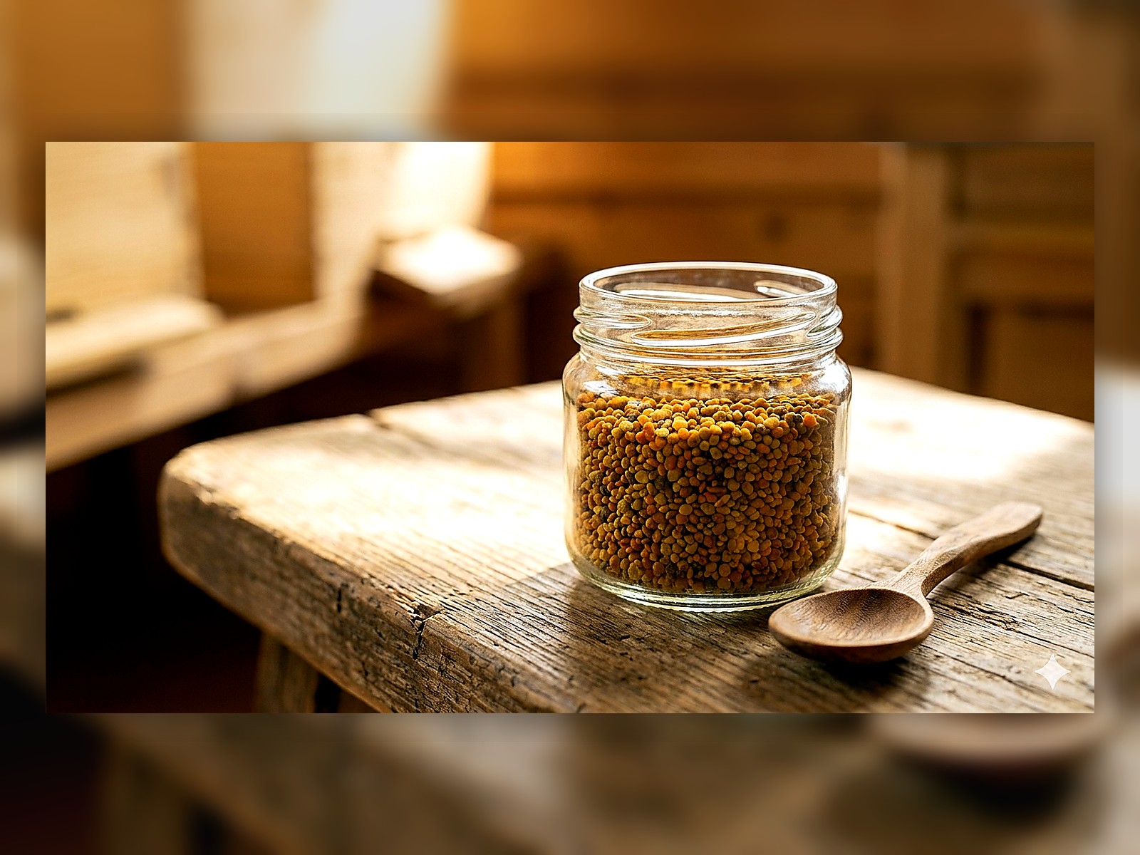 Bee pollen collected in a jar beside an Understory Harvest hive